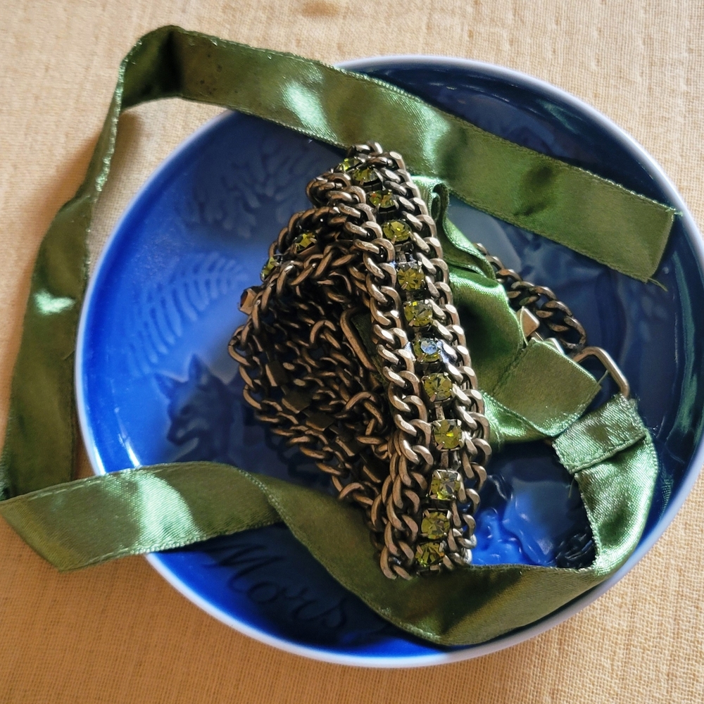 Green Rhinestone and Antique Brass-toned Chain Belt